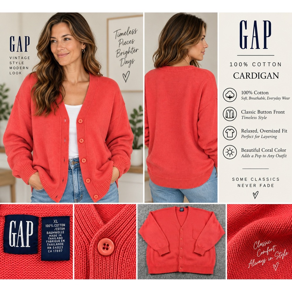 Vintage GAP Cardigan Sweater XL Coral Pink Red 100% Cotton Shaker Ribbed Knit